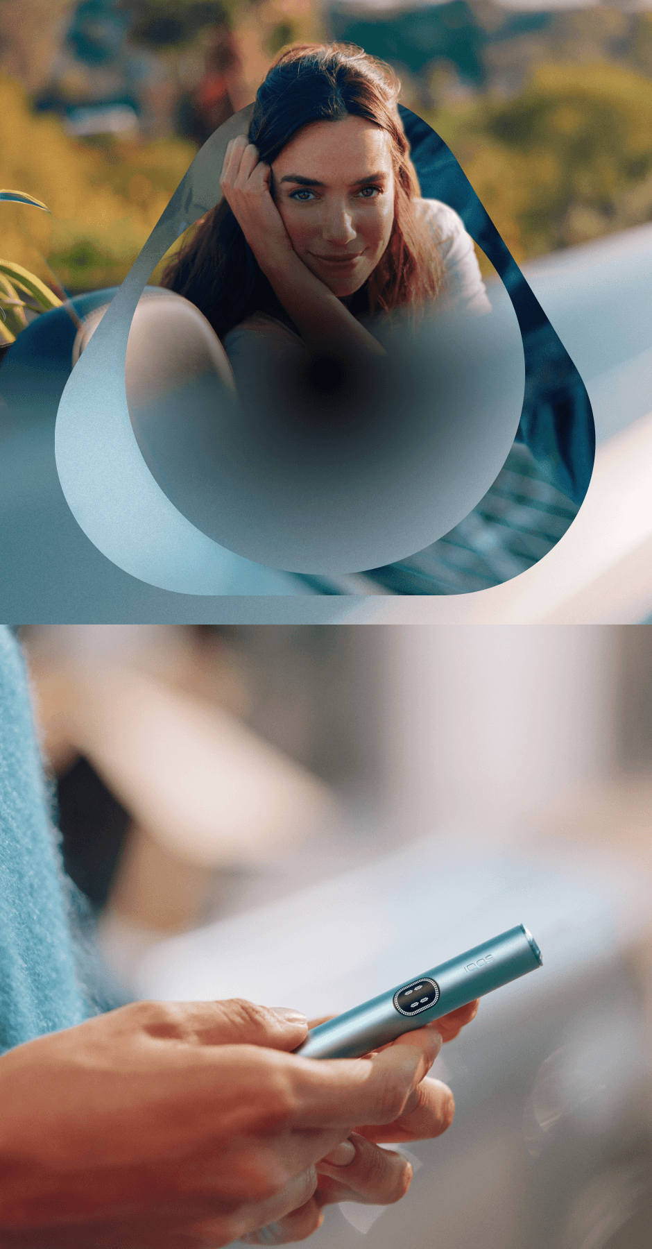 Woman looking and hand holding an IQOS ILUMA i device