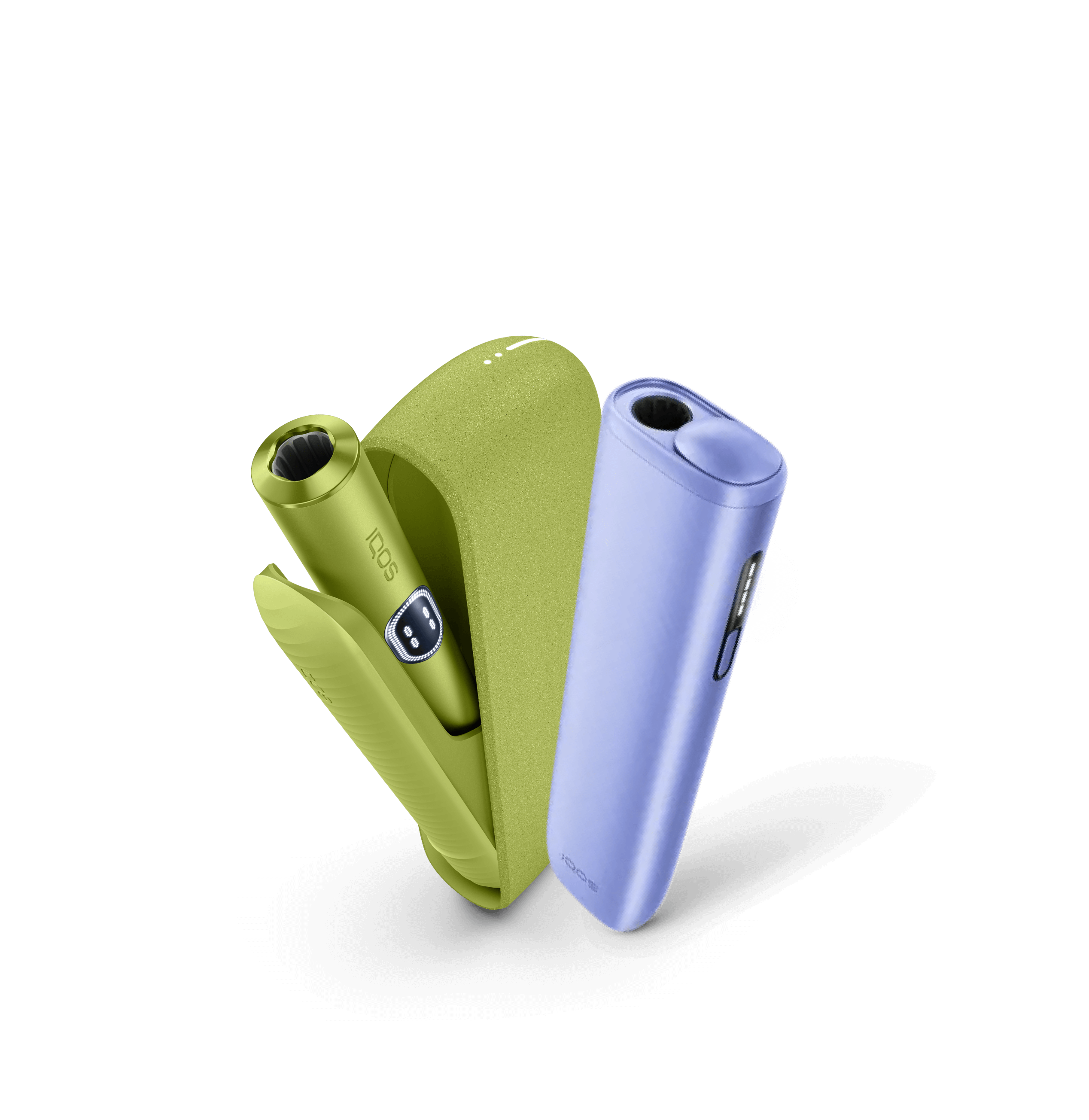 IQOS ILUMA i devices in the colours of Breeze Blue, Leaf Green, Digital Violet arranged on a green and purple IQOS key.