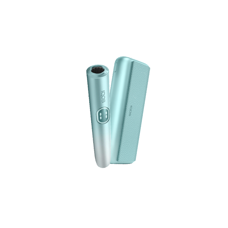 IQOS ILUMA i devices in the colours of Breeze Blue, Leaf Green, Digital Violet arranged on a green and purple IQOS key.