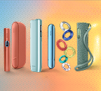 IQOS ILUMA i devices Vivid Teracotta and Breeze, and IQOS ILUMA i accessories against a gradient background