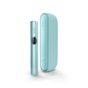 Breeze Blue IQOS ILUMA i device and its charger, standing position