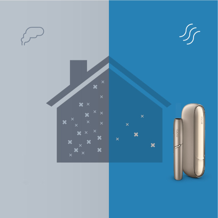 Illustration contrasting effects of cigarette smoke versus IQOS on indoor air quality.
