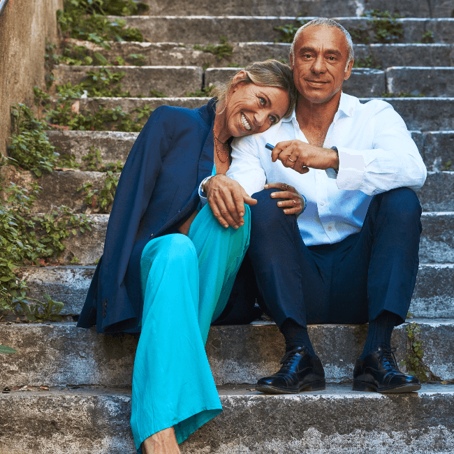 A couple sitting on the stairs